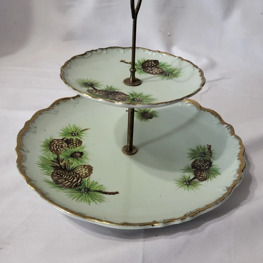 Vintage 2-tier Display Plate Stand Green Gold Edge and Pine Cone Pattern Japan